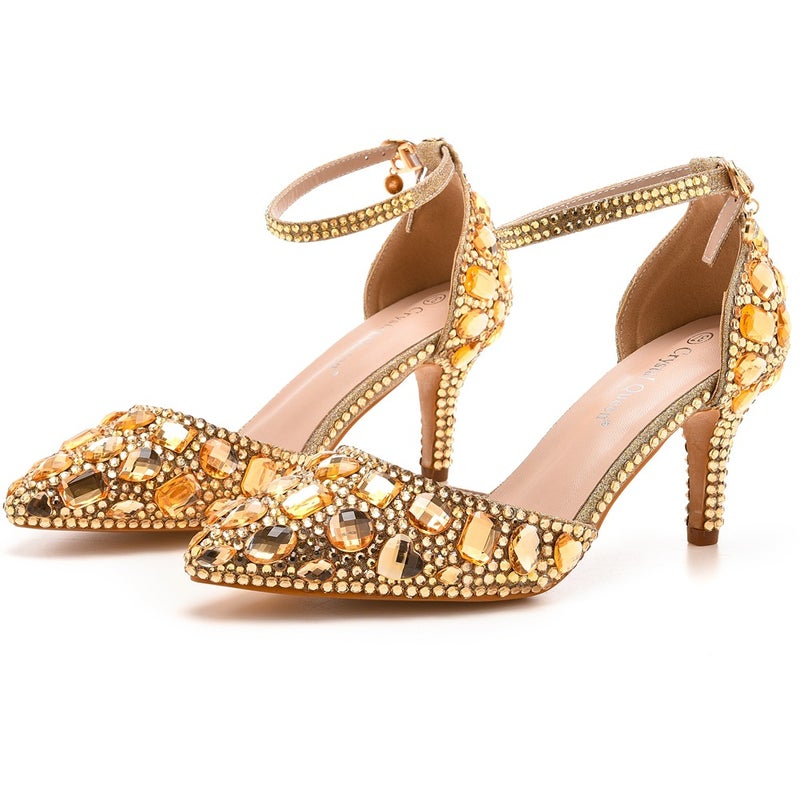 7Cm Large Size Sandals Stiletto Heel Pointed Rhinestone High Heel Sandals Golden Rhinestone High Heels Wedding Shoes - Image 5