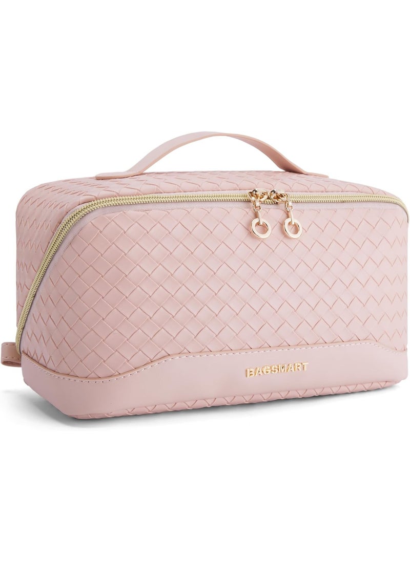 BAGSMART BAGSMART Makeup Bag Cosmetic Bag, Travel Makeup Bag, PU leather Makeup Bags for Women Portable Water-resistent Pouch Open Flat Make Up Organizer Bag for Toiletries, Brushes, Leather Pink 