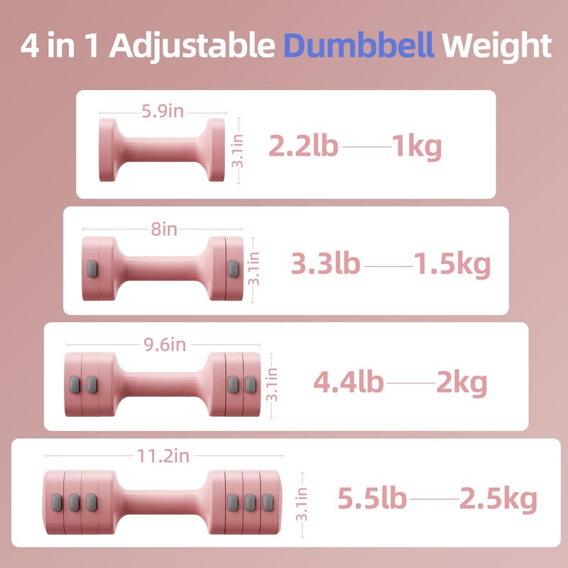 RUNWE Adjustable Dumbbell Set of 2 - Fast Adjustment 4 in 1 Free Weights Dumbbells Set for Women, Each 2.2 3.3 4.4 5.5lb Hand Weights Set for Home Gym & Outdoor Exercise Training - Image 3