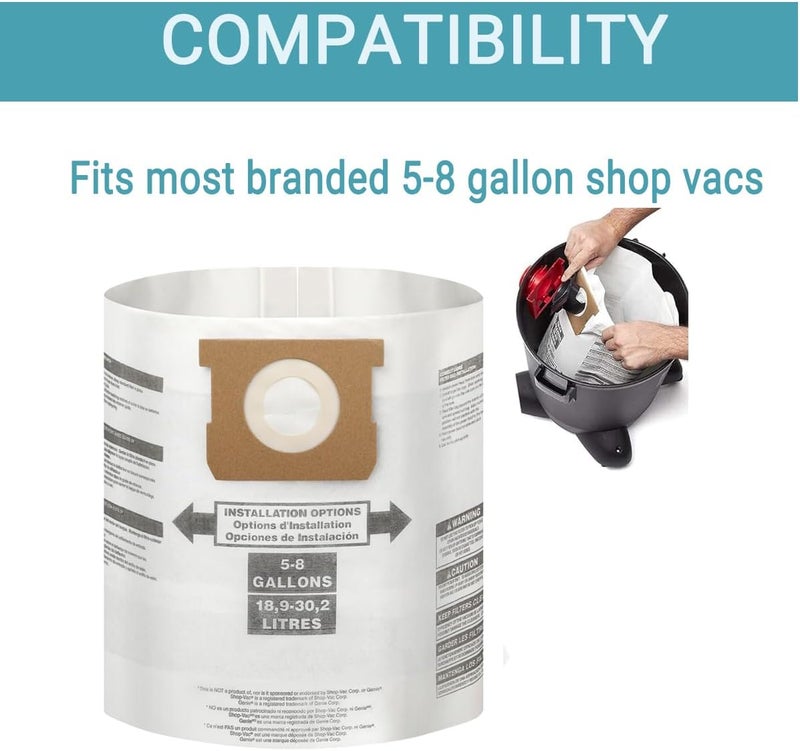 Shop Vac Replacement Bags 5-8 Gallon - High Efficiency Filtration Disposable Dust Collection Bags for Shop Vac Type E Type H VF2004 VHBS VDBS Models - Image 3