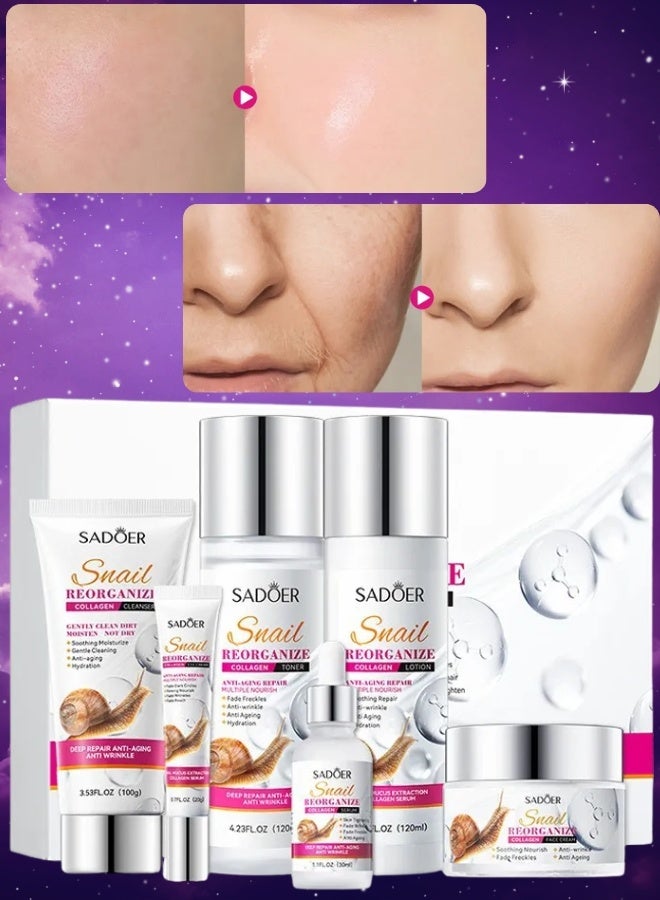 SADOER 6Pcs Snail Reorganize Collagen Skin Care Set with Toner Lotion Face Serum Facial Cream Eye Cream & Face Cleanser, Anti Aging Moisturizing Hydrating Nourishing Skin Care Kit for Women & Men