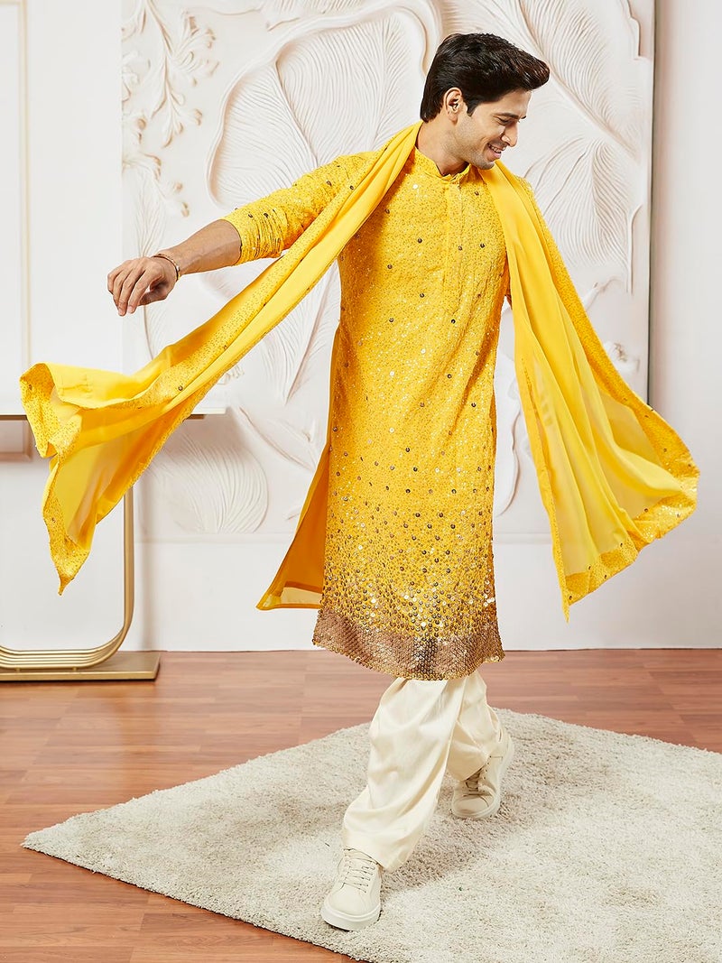 VASTRAMAY Men's Yellow Georgette Kurta, All Over sequinced in Ombre Design Kurta for Weddings & Festivals, Traditional Indian Wear - Image 5