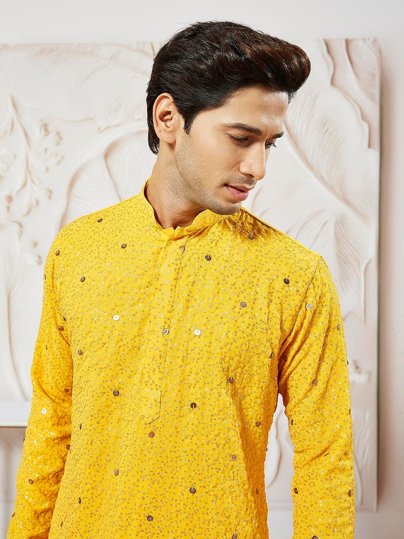 VASTRAMAY Men's Yellow Georgette Kurta, All Over sequinced in Ombre Design Kurta for Weddings & Festivals, Traditional Indian Wear - Image 3