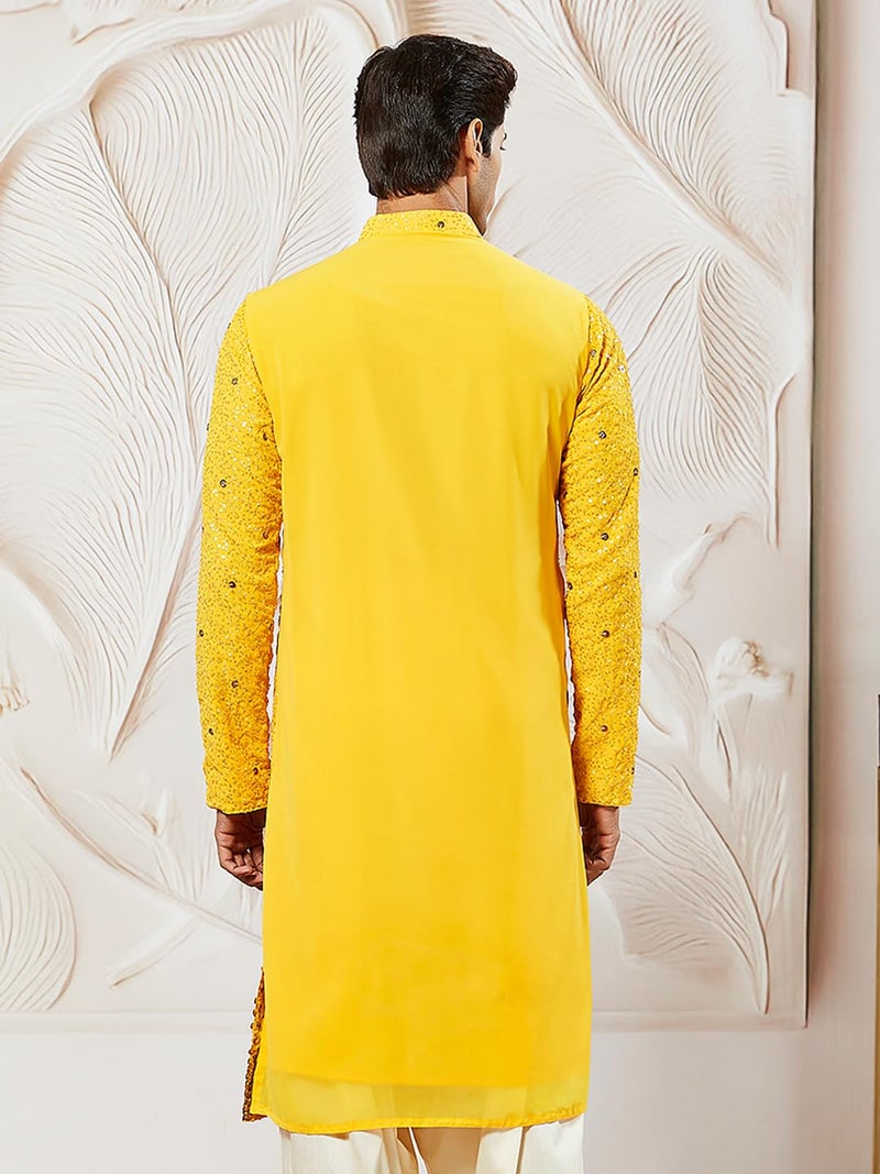 VASTRAMAY Men's Yellow Georgette Kurta, All Over sequinced in Ombre Design Kurta for Weddings & Festivals, Traditional Indian Wear - Image 4