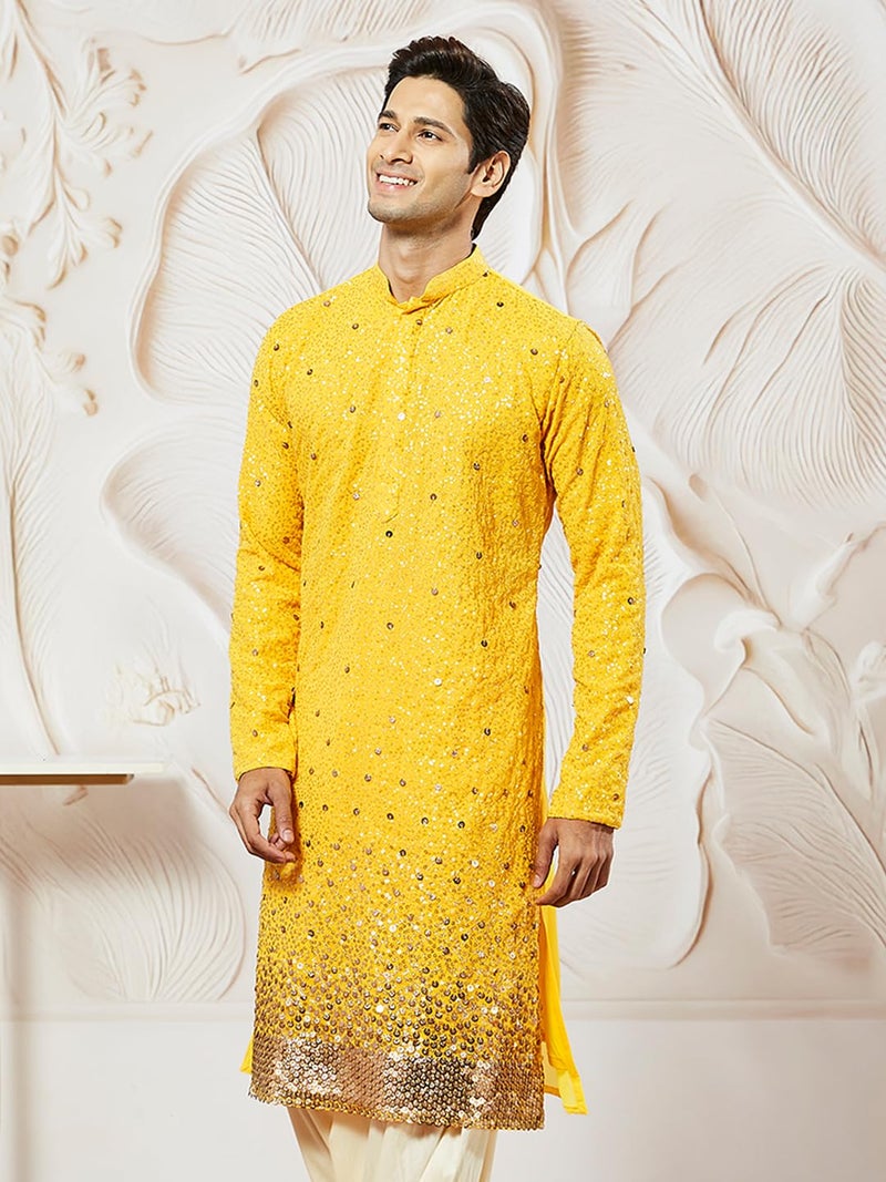 VASTRAMAY Men's Yellow Georgette Kurta, All Over sequinced in Ombre Design Kurta for Weddings & Festivals, Traditional Indian Wear - Image 2