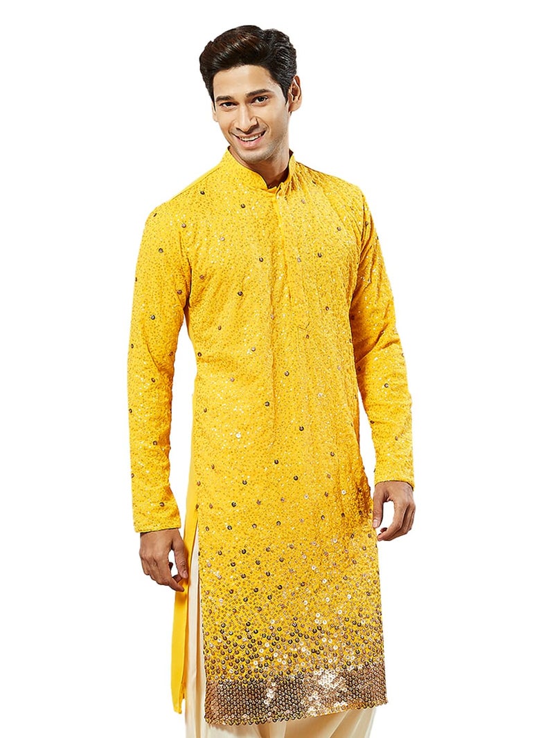VASTRAMAY Men's Yellow Georgette Kurta, All Over sequinced in Ombre Design Kurta for Weddings & Festivals, Traditional Indian Wear - Image 1