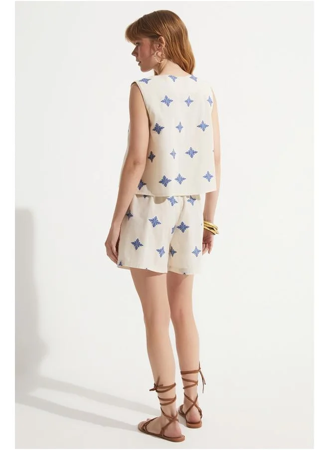جون June Patterned Blouse & Short Set Stone