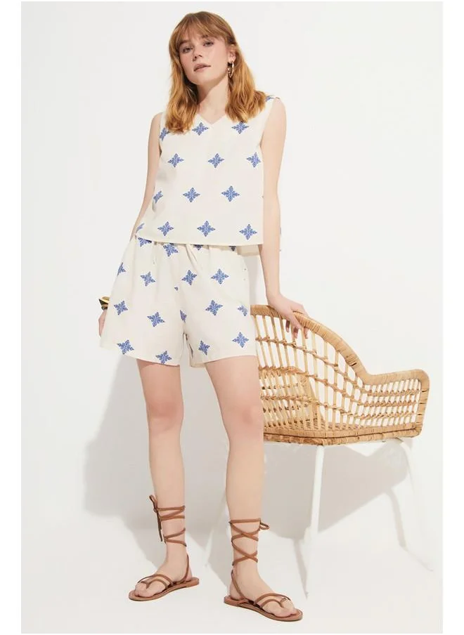 جون June Patterned Blouse & Short Set Stone