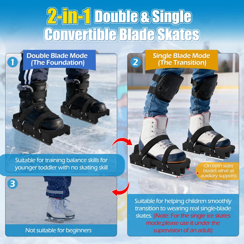 Tryly 1Pair Upgraded Toddler Ice Skates, Kids Adjustable 2-in-1 Double & Single Convertible Blade Skates with Hook and Loop Fastener Straps for Winter Toddler Training Shoes Beginner (Black) - Image 2