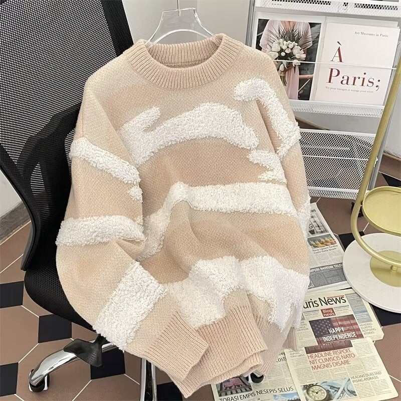 2023 new white cloud warm autumn and winter mens and womens sweater towel embroidery stitching round neck lazy style student sweater Khaki