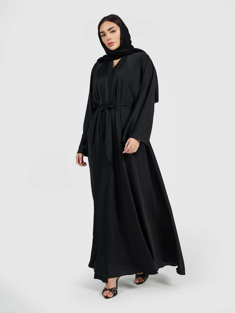 Reem Abayas Classic Black Satin Silk Abaya - Essential Modest Formal Outerwear