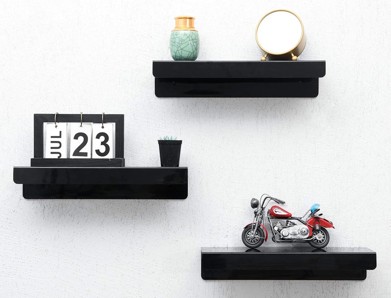 IEEK 15 Inch Black Acrylic Floating Wall Ledge Shelf,Wall Mounted Nursery Kids Bookshelf,5MM Thick Home/Office/Bathroom Storage Shelves Display Organizer Set of 3 - Image 1