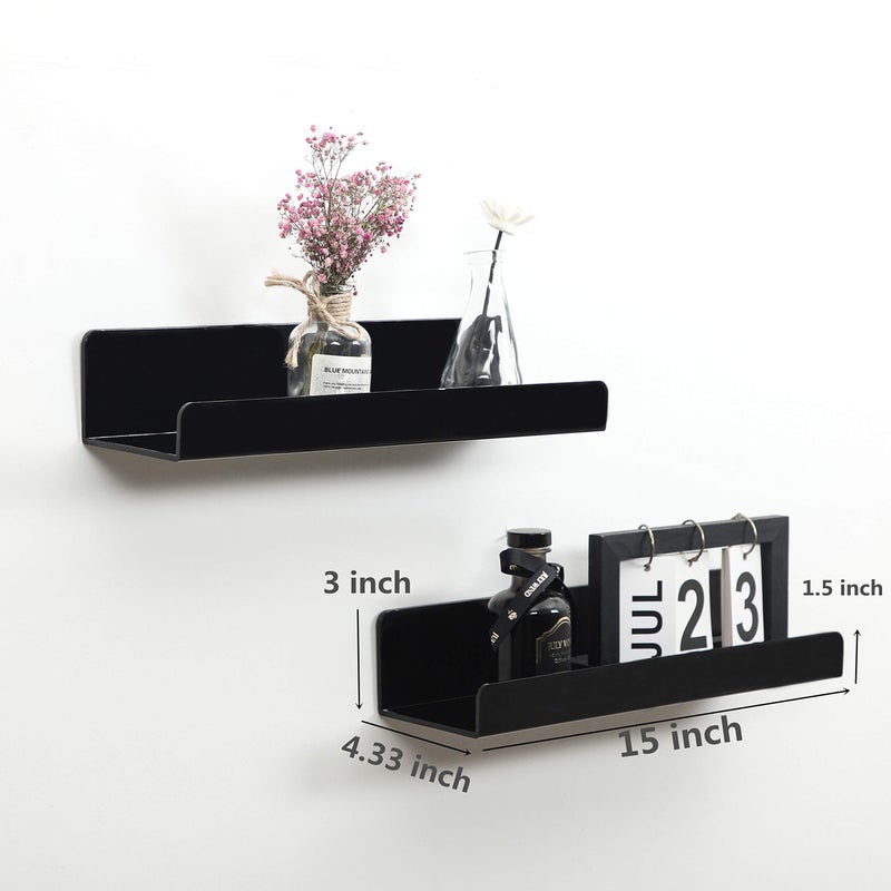 IEEK 15 Inch Black Acrylic Floating Wall Ledge Shelf,Wall Mounted Nursery Kids Bookshelf,5MM Thick Home/Office/Bathroom Storage Shelves Display Organizer Set of 3 - Image 3