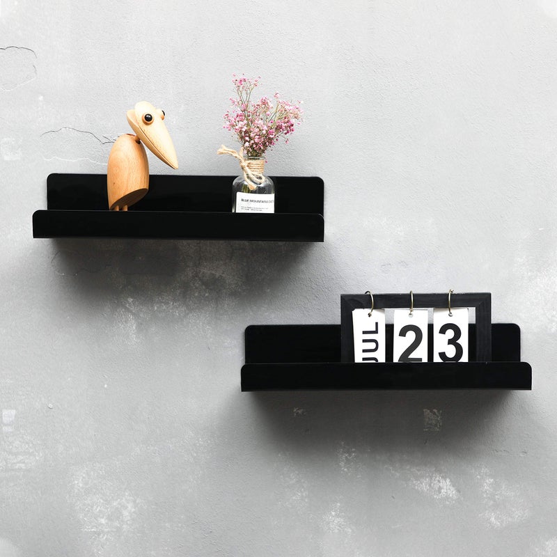 IEEK 15 Inch Black Acrylic Floating Wall Ledge Shelf,Wall Mounted Nursery Kids Bookshelf,5MM Thick Home/Office/Bathroom Storage Shelves Display Organizer Set of 3 - Image 2