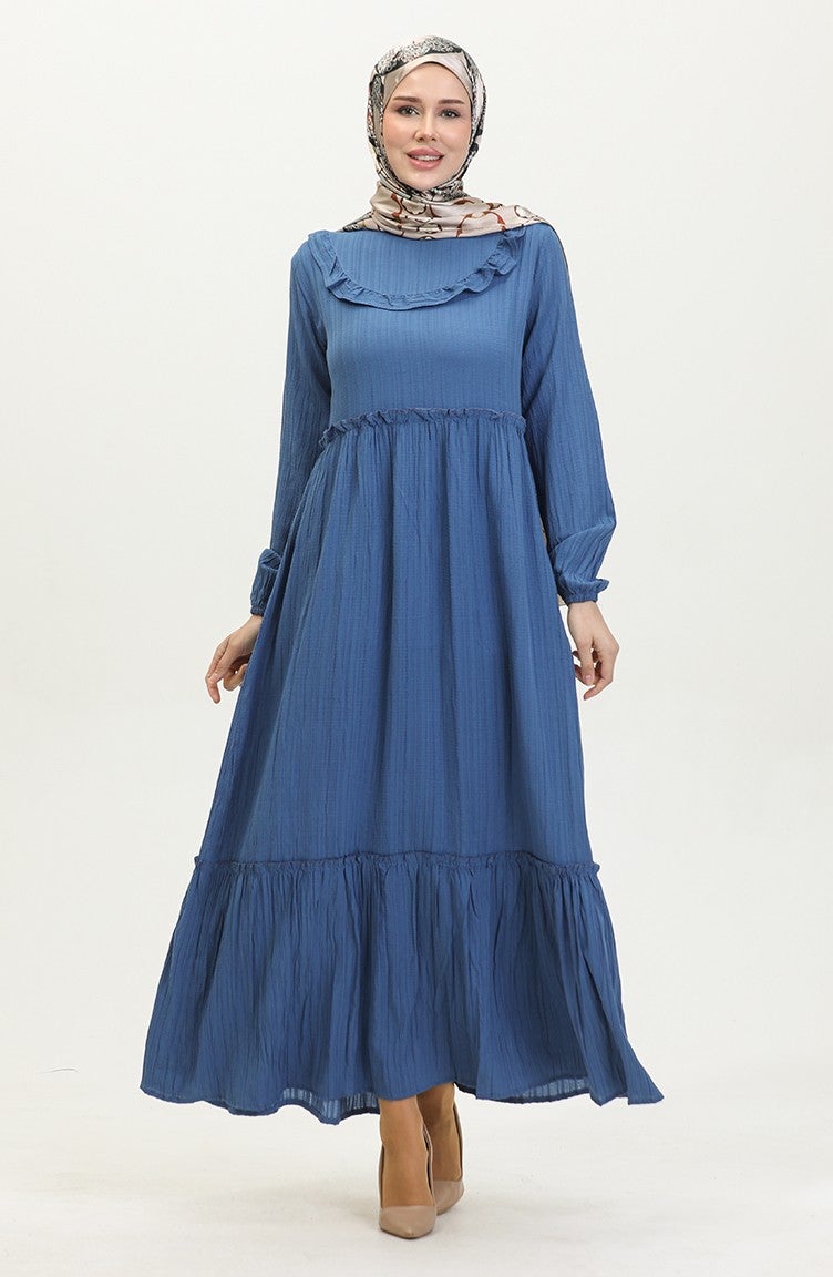 Sefa Merve Flounce Plain Dress 0405-01 Indigo  - Image 1