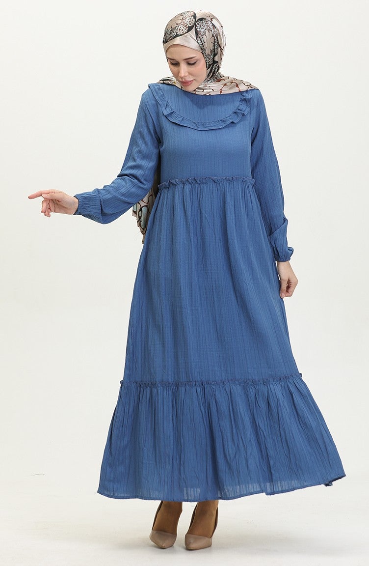 Sefa Merve Flounce Plain Dress 0405-01 Indigo  - Image 3