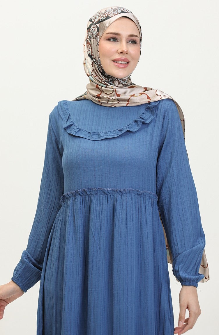 Sefa Merve Flounce Plain Dress 0405-01 Indigo  - Image 4