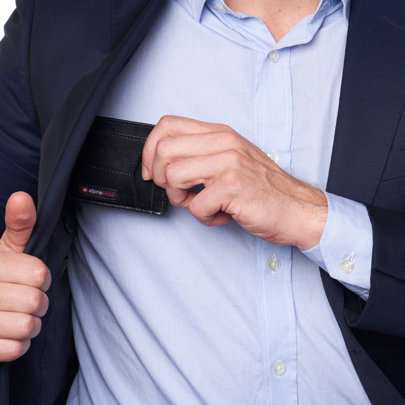 Alpine Swiss محفظة أوليفر الأمامية للجيب للرجال من ألباين سويس RFID بتصميم بسيط من جلد نابا الأسود اللامع، مجموعة هامبتون - Image 3