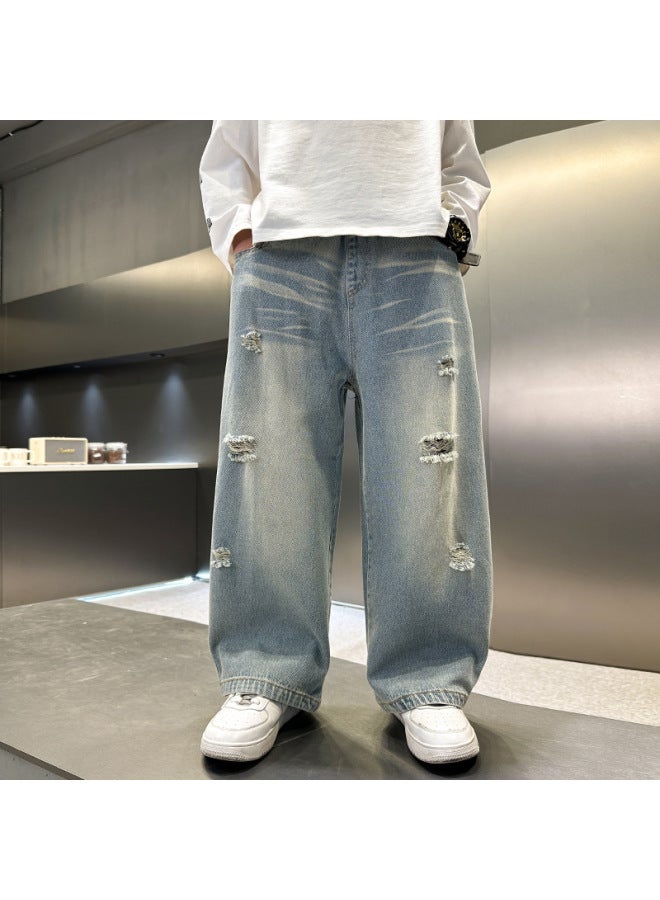Fashionable Brand Kidsren's Autum Loose Ripped Jeans  New Boys' Pants Autum Medium And Large Kidsren's Straight Pants