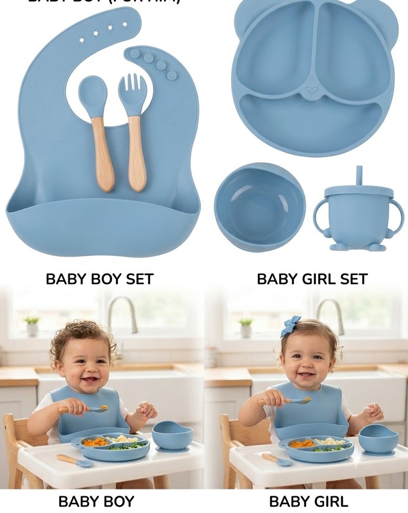 cartogivz Baby Food Feeding 7-Piece Set – Silicone Baby Feeding Kit with Bib, Suction Bowl, Divided Plate, Sippy Cup, Spoon & Fork - Image 1