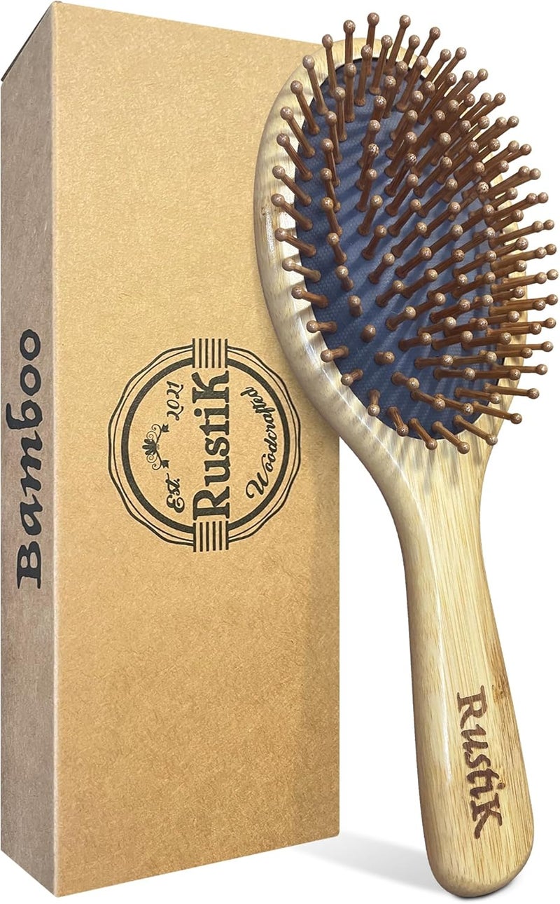 Bamboo Oval Hair Brush by RustiK Grey Detangling Anti Static Eco Friendly Paddle Sustainable Handmade Woodcrafted For Men and Women Long Short Breakage Straight Curly