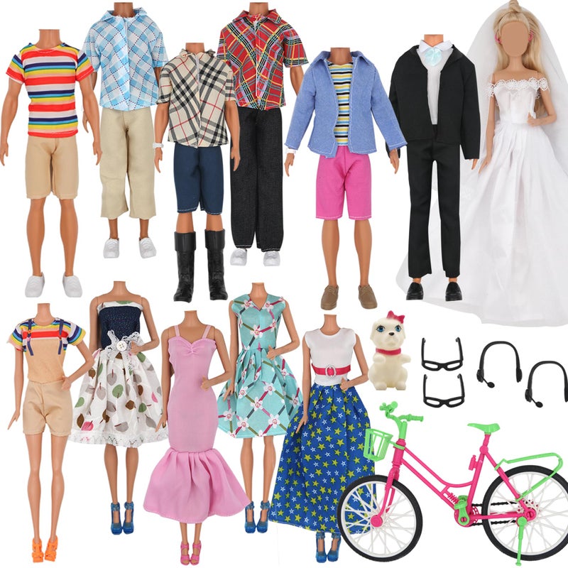 ZTWEDEN 33Pcs Doll Clothes and Accessories for 12 Inch Boy and GirlDoll, Includes 20 Wear Clothes Shirt Jeans Suit and Wedding Dresses, Glasses Earphones Dog and Bike for 12'' Boydoll Girldoll - Image 1