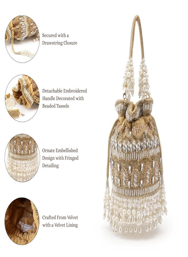 Anekaant Dewdrop Fringe Ornate Embellished Velvet Potli for Women | Festive & Wedding Purse - Image 3