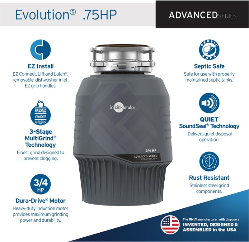 insinkerator InSinkErator EVOLUTION 075HP 34 HP Advanced Series EZ Connect Continuous Feed Food Waste Garbage Disposal Gray  - Image 2