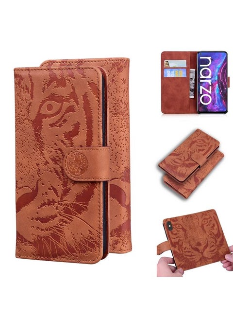 Case Cover For Realme Narzo 30 Pro 5G Tiger Embossing Pattern Horizontal Flip Leather Case with Holder & Card Slots & Wallet Brown