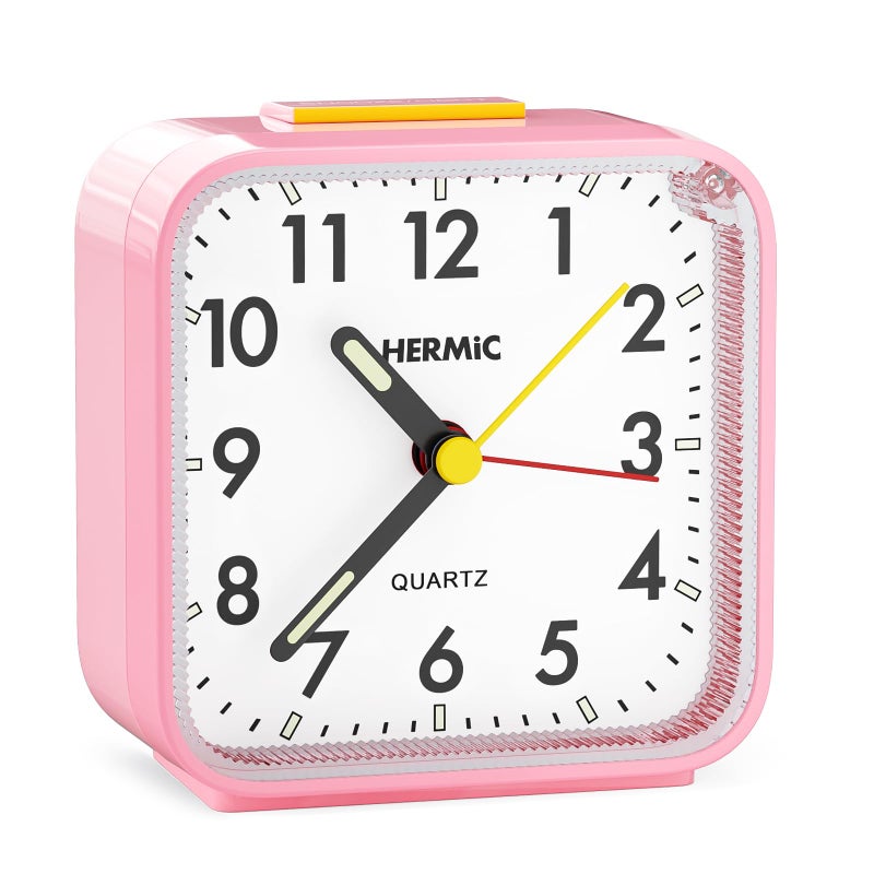 HERMIC Alarm Clocks Bedside Silent Non Ticking Battery Powered Travel Small Analogue Clock with Light Snooze Luminous Pointer for Bedroom Office Included Battery Pink Energy Class A