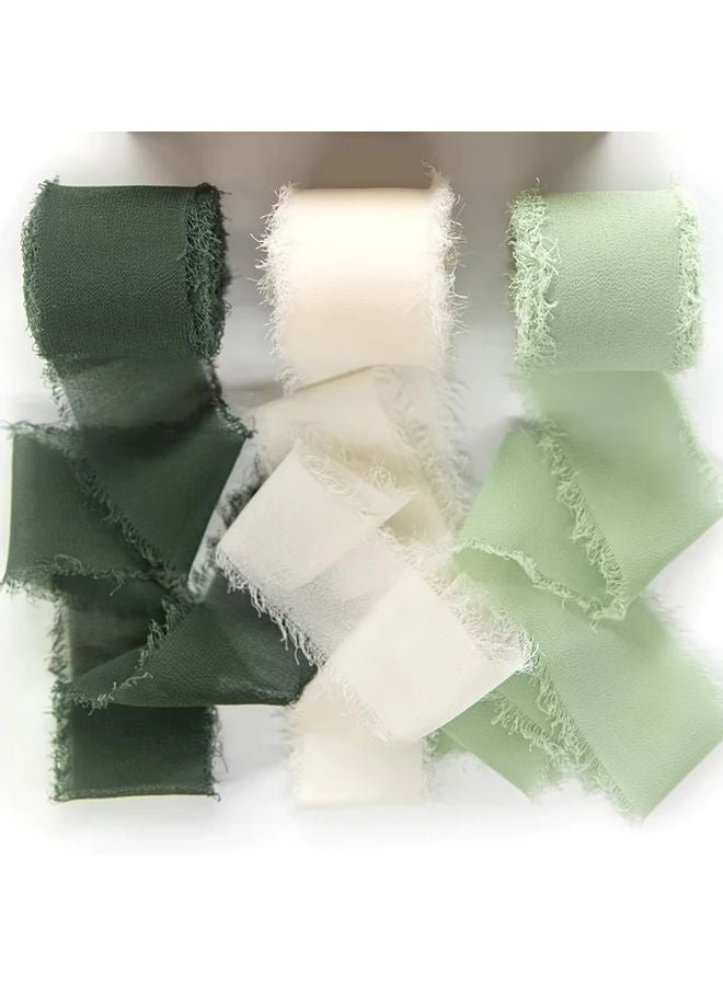 Luxury Handmade Chiffon Tassel Ribbon Set Milky White Dark Green Light Green - Image 2