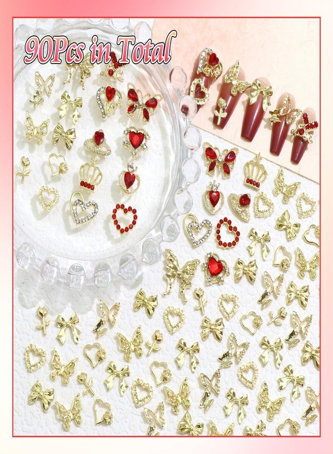 BELICEY 90Pcs Gold Nail Charms 3D Assorted Bow Heart Charms for Nails Metal Alloy Flower Crown Nail Decoration Nail Jewelry Red Gems Rhinestones for DIY Nail Art Design Women Manicure Crafts - Image 5