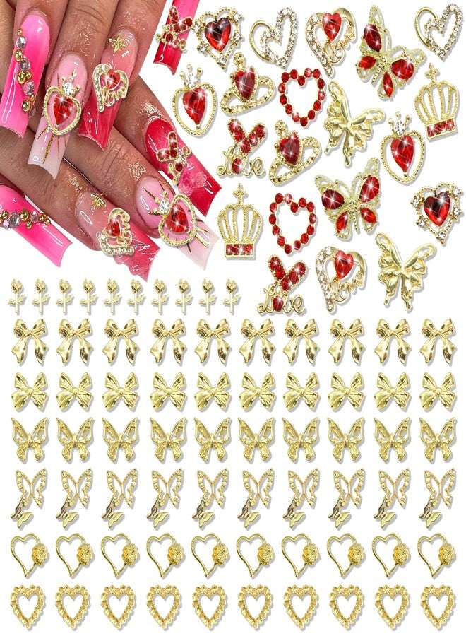 BELICEY 90Pcs Gold Nail Charms 3D Assorted Bow Heart Charms for Nails Metal Alloy Flower Crown Nail Decoration Nail Jewelry Red Gems Rhinestones for DIY Nail Art Design Women Manicure Crafts - Image 1