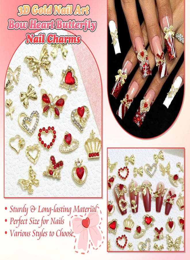 BELICEY 90Pcs Gold Nail Charms 3D Assorted Bow Heart Charms for Nails Metal Alloy Flower Crown Nail Decoration Nail Jewelry Red Gems Rhinestones for DIY Nail Art Design Women Manicure Crafts - Image 4
