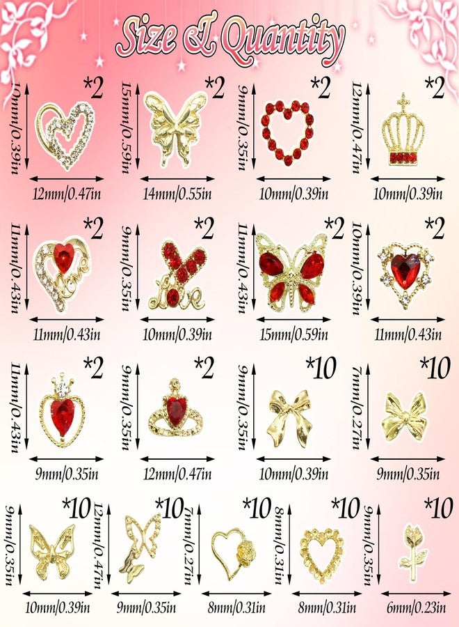 BELICEY 90Pcs Gold Nail Charms 3D Assorted Bow Heart Charms for Nails Metal Alloy Flower Crown Nail Decoration Nail Jewelry Red Gems Rhinestones for DIY Nail Art Design Women Manicure Crafts - Image 2