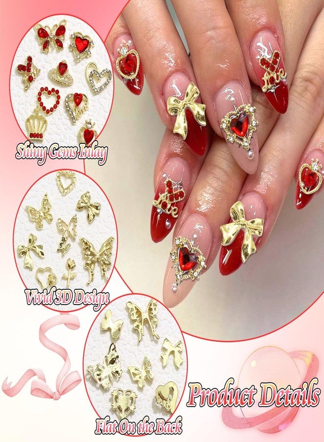 BELICEY 90Pcs Gold Nail Charms 3D Assorted Bow Heart Charms for Nails Metal Alloy Flower Crown Nail Decoration Nail Jewelry Red Gems Rhinestones for DIY Nail Art Design Women Manicure Crafts - Image 3