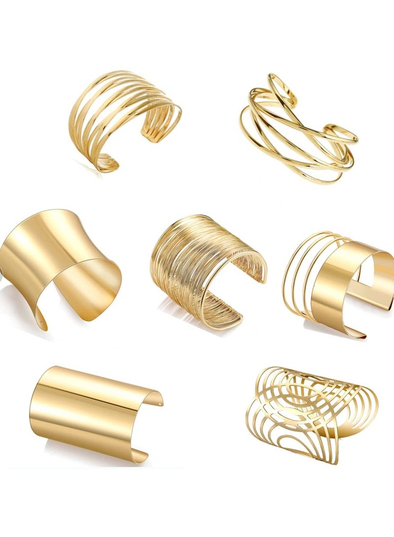 SYOSI 7 Pcs Cuff Bangle Bracelet-  Women Gold Cuff Bracelets Open Wide Wire Bracelets Adjustable Tone Wrist Cuff Wrap Bracelet, Wire Grooved Cuff Open Arm Band Cuff Bracelets for Women Girls (Size 4-7.5cm) - Image 1
