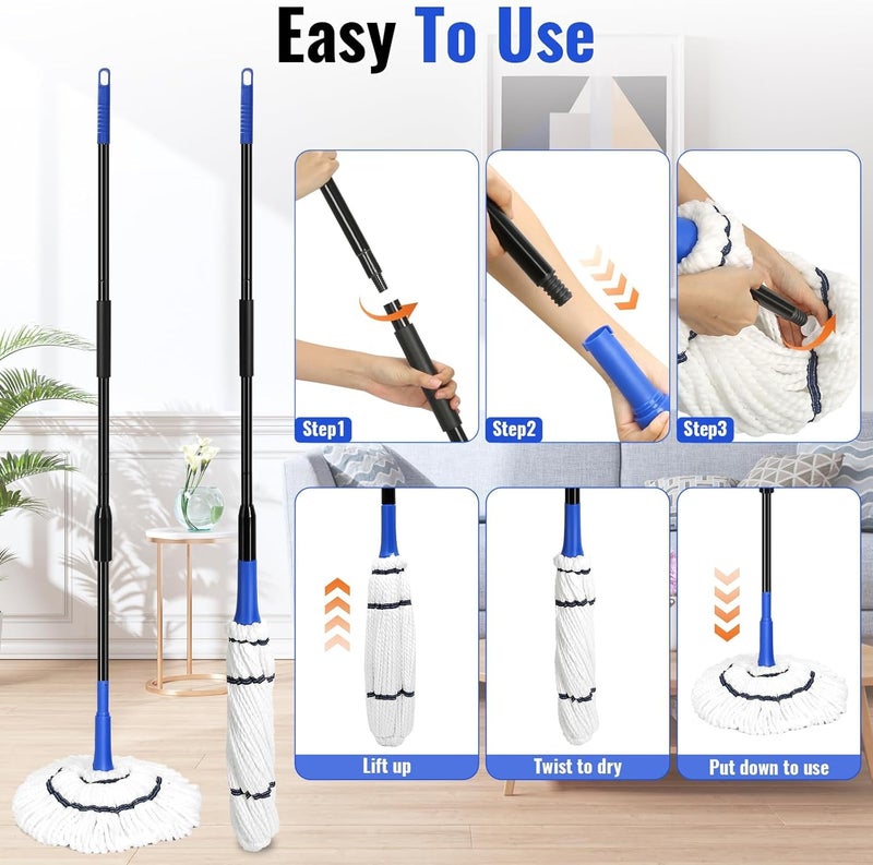 Zorzel SelfWringing Twist Mops for Floor Cleaning Easy Squeeze String Mop with Long Handled Heavy Duty Wet Mops for Hardwood Vinyl Tile Laminate Kitchen Home Office - Image 2