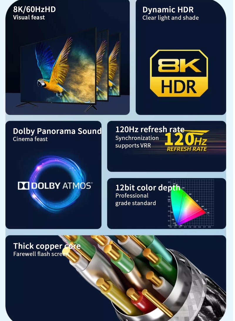 ميك كابل HDMI 8K 1M 2.1، عالي السرعة 48 جيجابت في الثانية، 4K@60Hz، 8K@60Hz، نايلون مضفر، موصلات مطلية بالذهب، إيثرنت، ARC، HDR10، Dolby Vision، متوافق مع PS5، Xbox، TV، PC - Image 2
