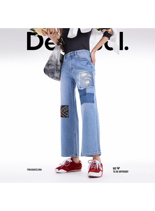 DESIGUAL 25 Autumn/Winter New Arrival Color-Blocking Patch Embroidery Design 9/10 Length Women'S Jeans - Image 4