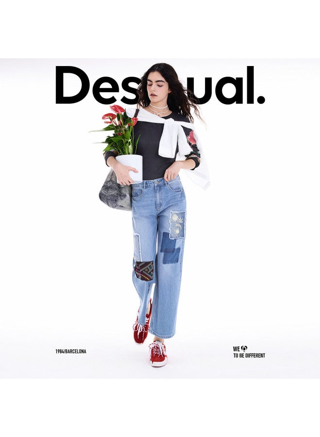 DESIGUAL 25 Autumn/Winter New Arrival Color-Blocking Patch Embroidery Design 9/10 Length Women'S Jeans - Image 3