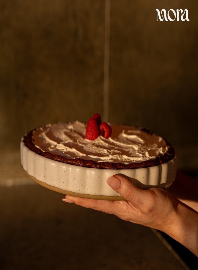MORA Ceramic Tart Pan, 9.5 Inch Large Porcelain Baking Dish for Tarts, Quiche, Pie, Flan etc. Fluted Ruffled Edge, Oven, Microwave, Freezer, and Dishwasher safe - Great Gift For Bakers - Oat - Image 5