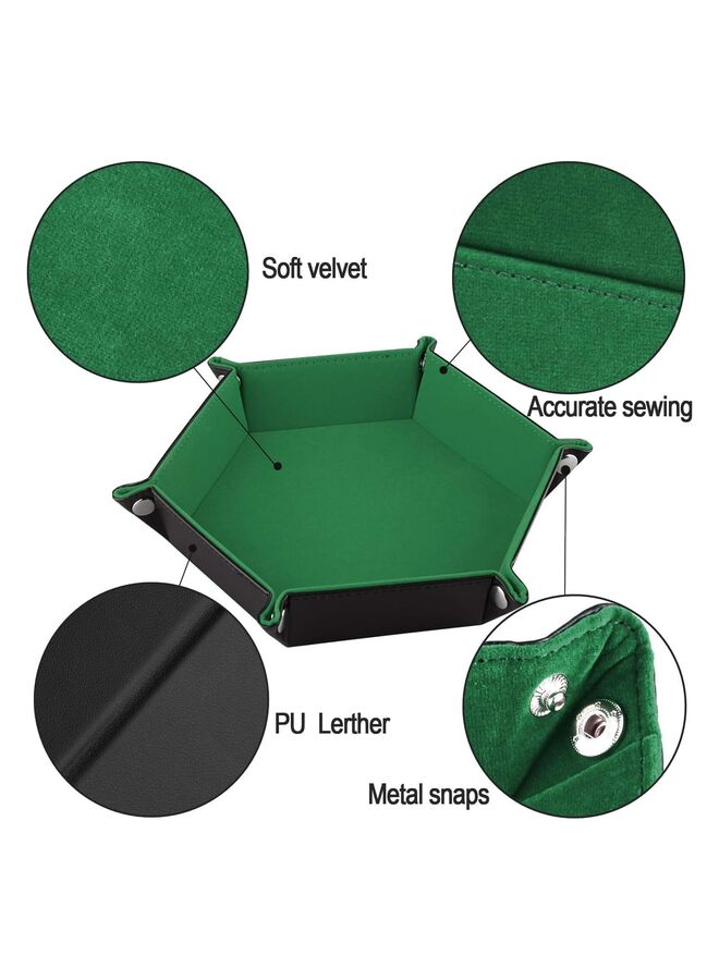 2 Pcs Dice Tray Portable Folding Hexagon Tray Dice Mat for RPG and DND Table Games PU Leather and Velvet Holder Storage Box (Green) - Image 2