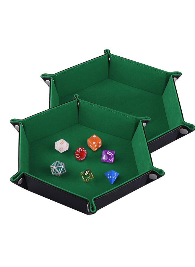 2 Pcs Dice Tray Portable Folding Hexagon Tray Dice Mat for RPG and DND Table Games PU Leather and Velvet Holder Storage Box (Green) - Image 1