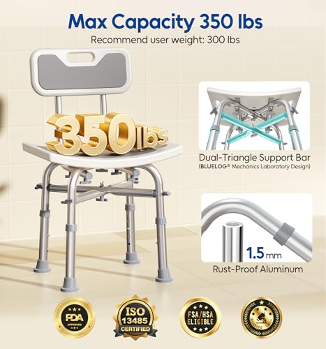 Bluelog Shower Chair with Back for Elderly and Disabled Shower Seat Bench Stool Adjustable Height 350 lbs Capacity Rectangular - Image 5
