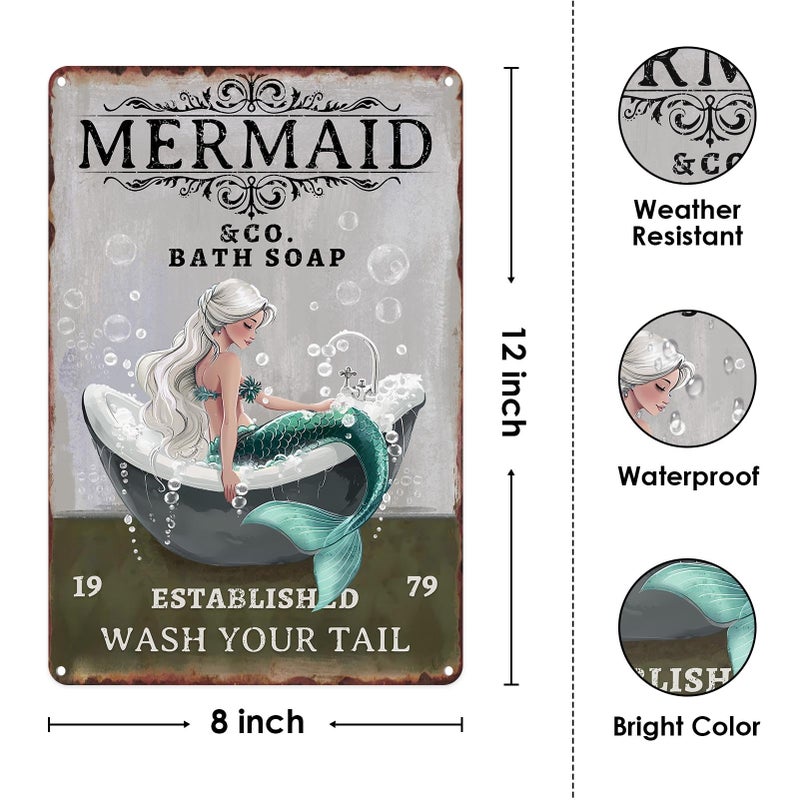 Sanwarm Metal Sign 8X12 Inch, Mermaid Vintage Tin Sign Wall Art Decor for Home, Living Room, Office, Hotel, Bathroom, Toilet Decoration - Image 2