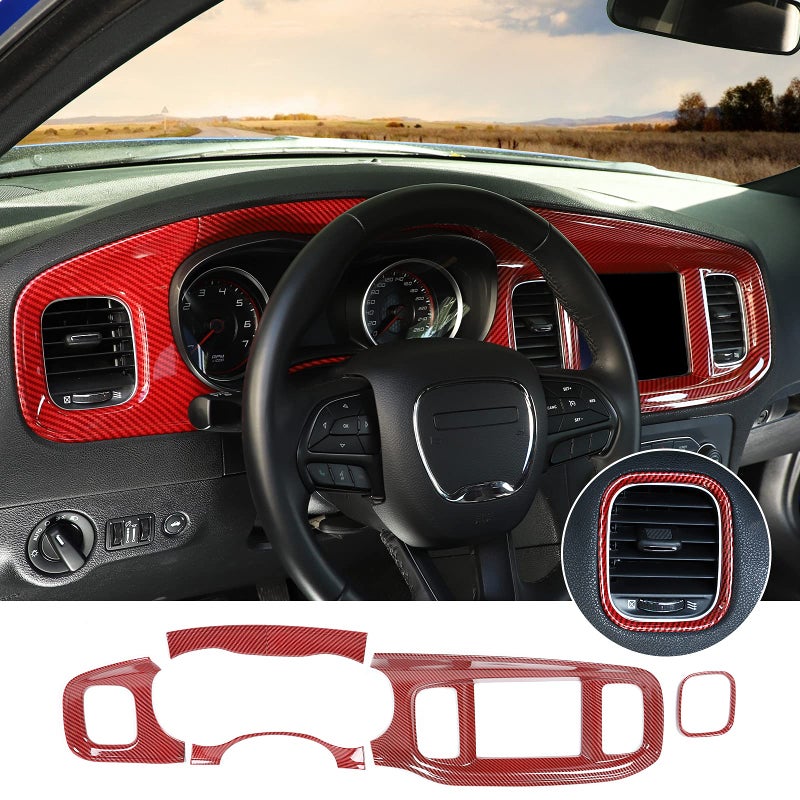 Hoolcar Interior 84 Inch Screen Center Console Dashboard Trim for 20152020 Dodge Charger Red Carbon Fiber