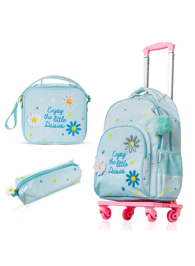 Eazy Kids Eazy Kids 17" School Bag Set of 4 w/ 4 Wheel Trolley, Lunch Bag and Pencil Pouch - Little Daisy Green - Image 1