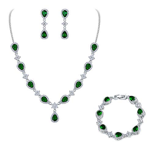 EleQueen Women's Silver-Tone Cubic Zirconia Teardrop Flower Bridal V-Necklace Sets Tennis Bracelet Dangle Earrings Emerald Color - Image 1