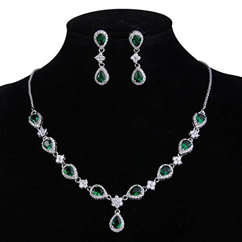 EleQueen Women's Silver-Tone Cubic Zirconia Teardrop Flower Bridal V-Necklace Sets Tennis Bracelet Dangle Earrings Emerald Color - Image 5